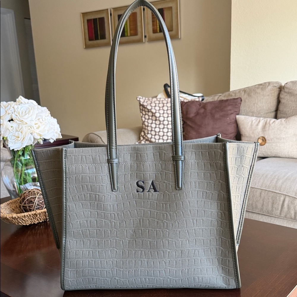 Zara Monogrammed Grey Croc-Embossed Tote Bag